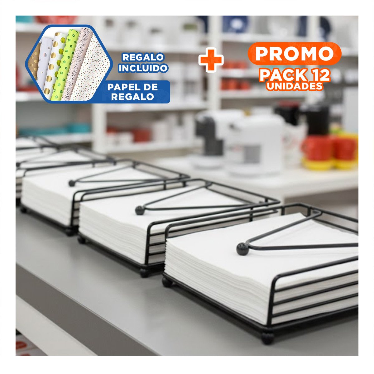 PACK12 PORTASERVILLETAS ESTABLE COLOR NEGRO CON BASE DE HIERRO Y BRAZO INTEGRADO Y+PAPEL REGALO - 1