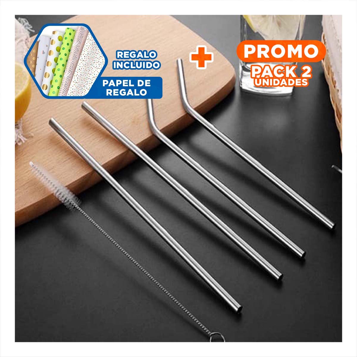 PACK2 SET PLATEADO CON 5 POPOTES CEPILLO LIMPIA POPOTES Y ESTUCHE RECTA Y CURVA Y+PAPEL REGALO - 1