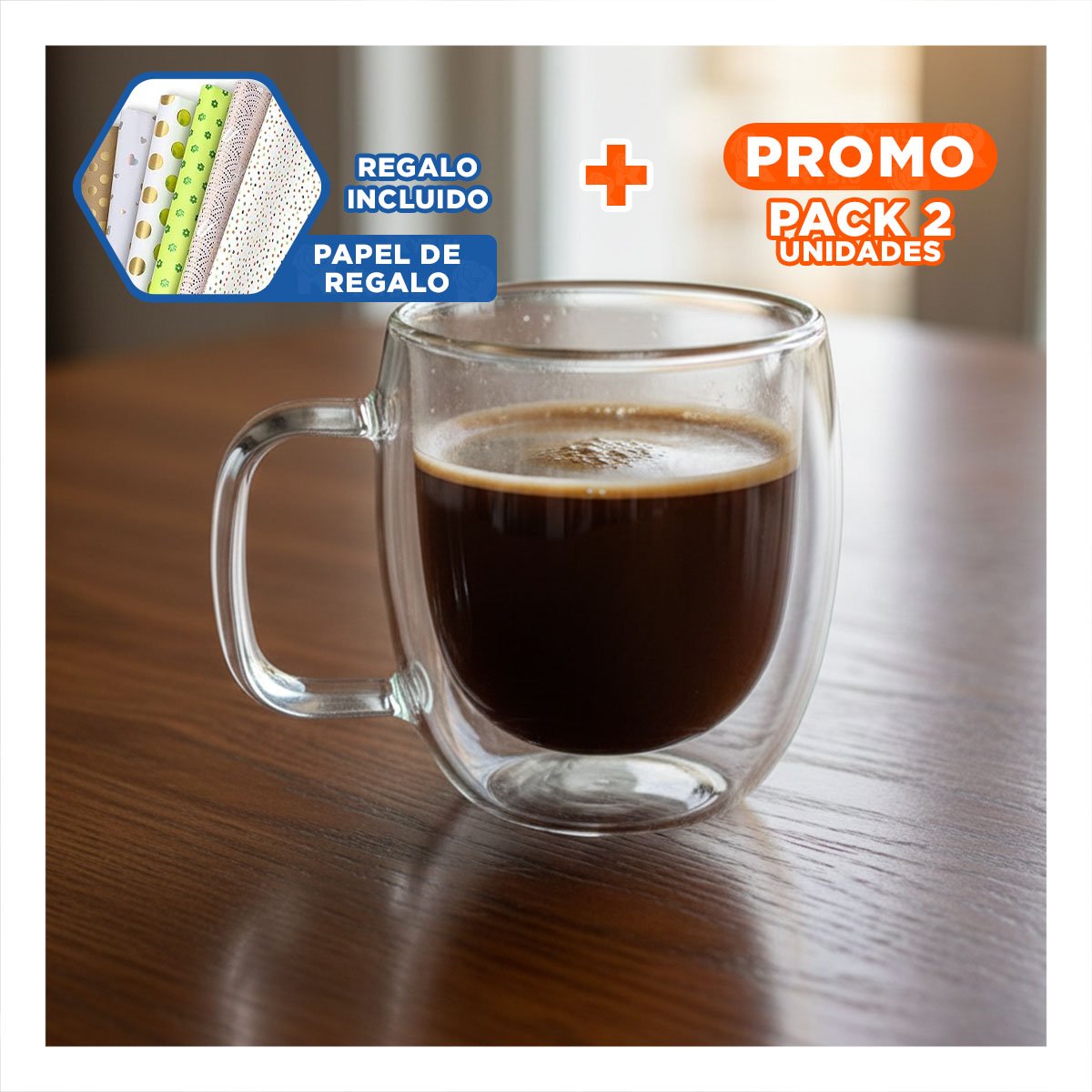 PACK2 TAZA ESPRESSO EN TRANSPARENTE 80 ML DOBLE CAPA DE ASA CUADRADA Y+PAPEL REGALO - 1