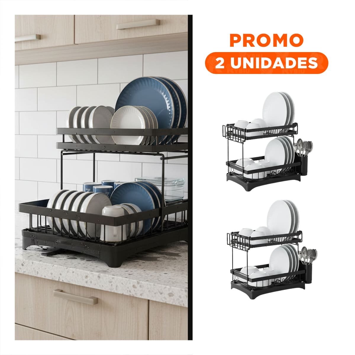 PACK2 ESCURRIDOR NEGRO 2 NIVELES CON FORMA COMPACTO 42X30X32CM PARA USO DIARIO - 1