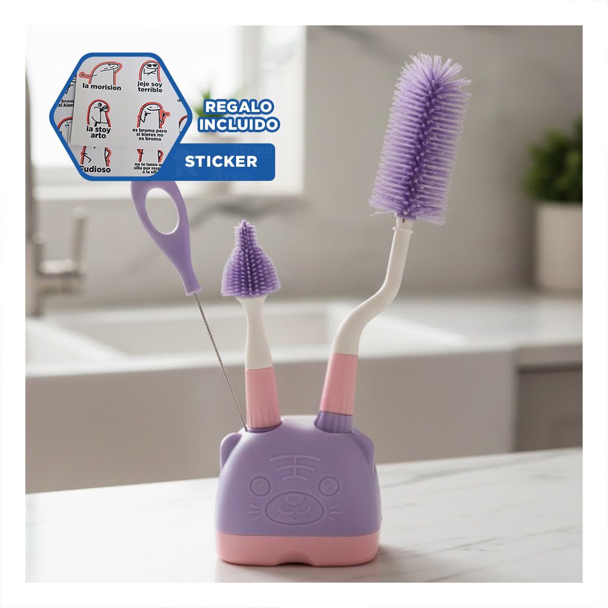 BROCHA CON SOPORTE PARA FACIL ORGANIZACION 4PZS BASE OSITO MORADO Y+REGALO STICKER - 1