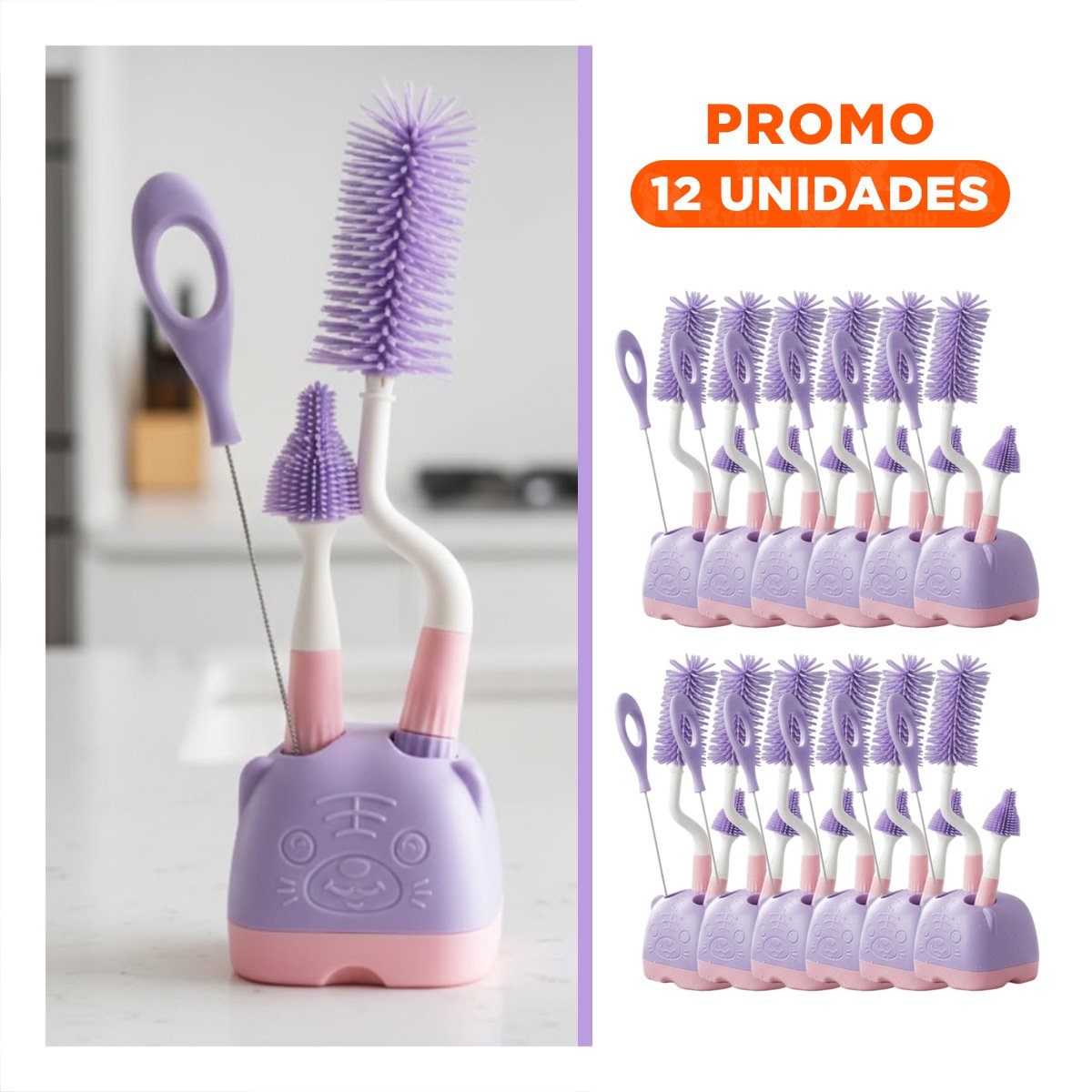 PACK12 RASQUETA PARA MANTENER BIBERONES IMPECABLES 4PZS BASE OSITO MORADO Y+REGALO STICKER - 1