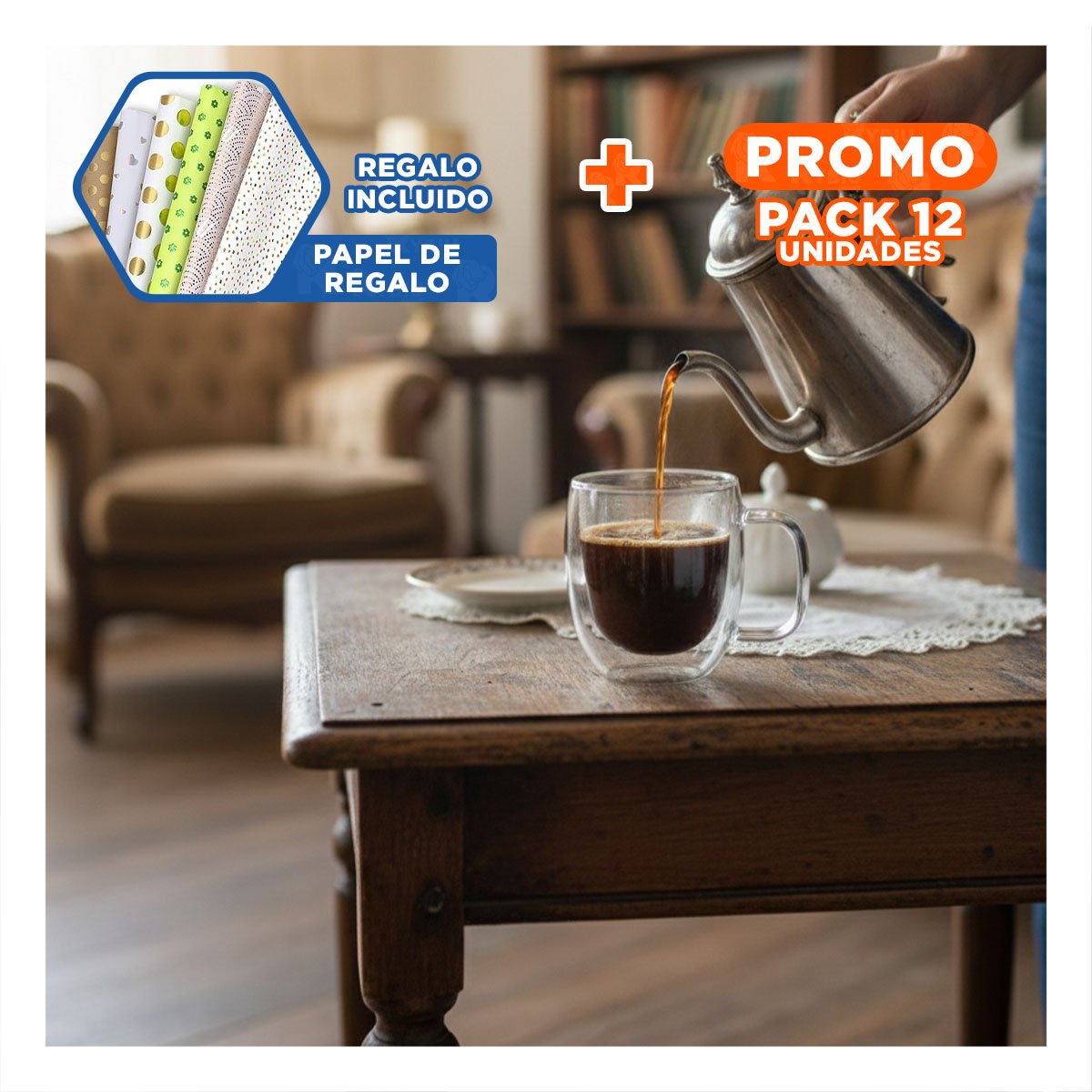 PACK12 COPA CON ASA CUADRADA ESPRESSO 80 ML DOBLE CAPA TRANSPARENTE Y+PAPEL REGALO - 1
