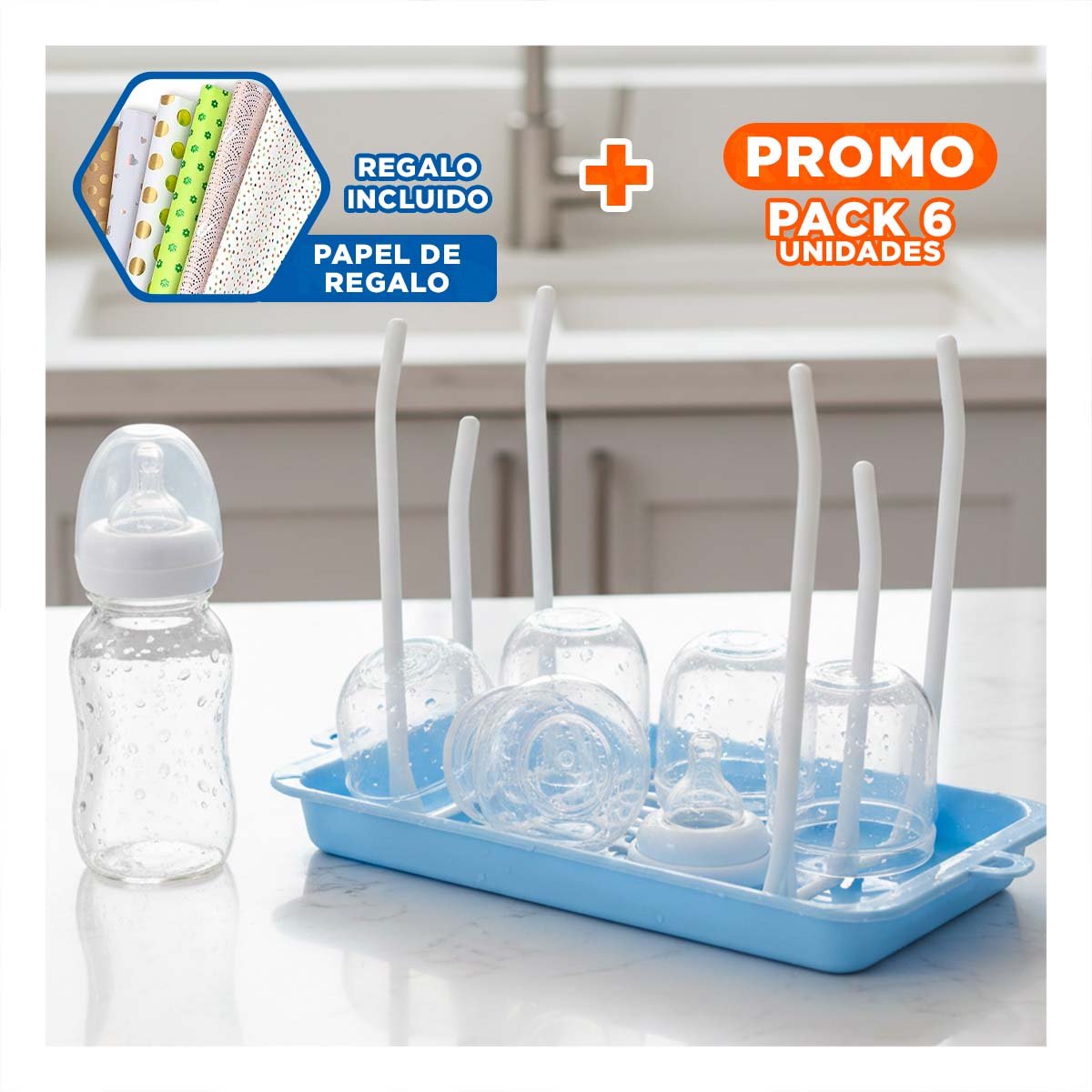 PACK6 BASE SECADORA PARA ORGANIZAR BIBERONES Y VASOS SECOS CELESTE Y+PAPEL REGALO - 1