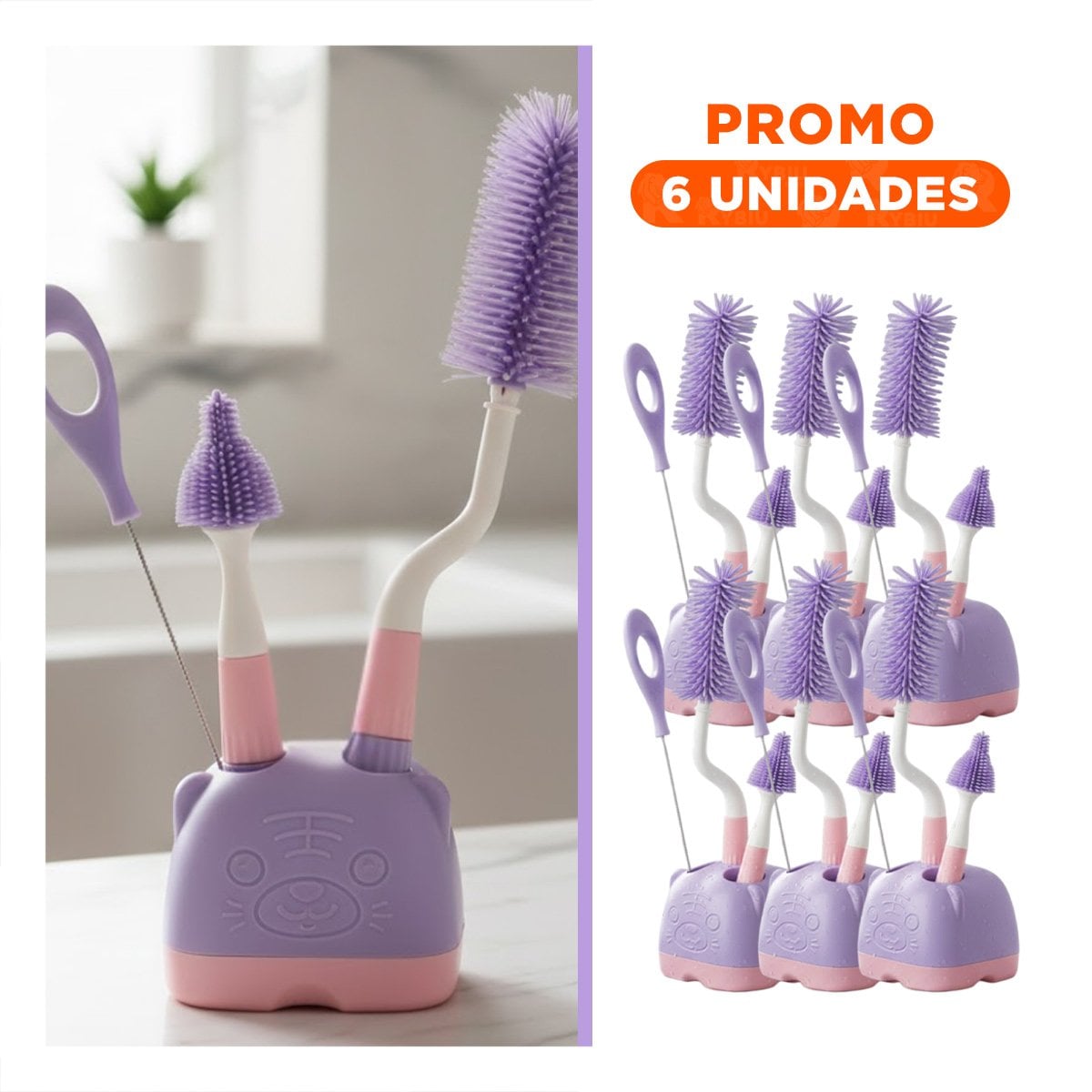 PACK6 ESCOBILLON PARA LIMPIEZA RAPIDA 4PZS BASE OSITO MORADO - 1