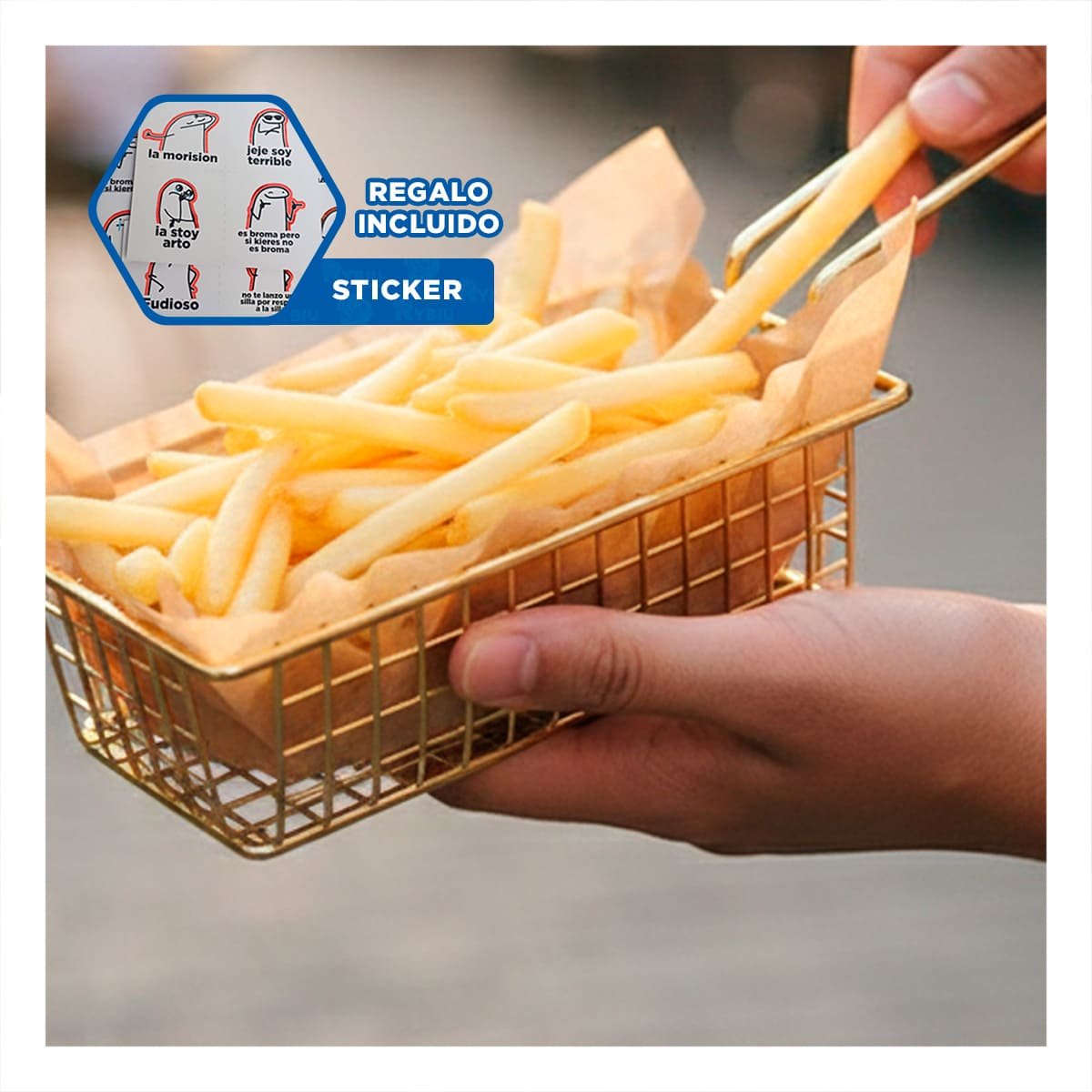 CESTA RECTANGULAR DORADO CON ASA LARGA PARA FREIDORA PROFESIONAL Y+REGALO STICKER - 1