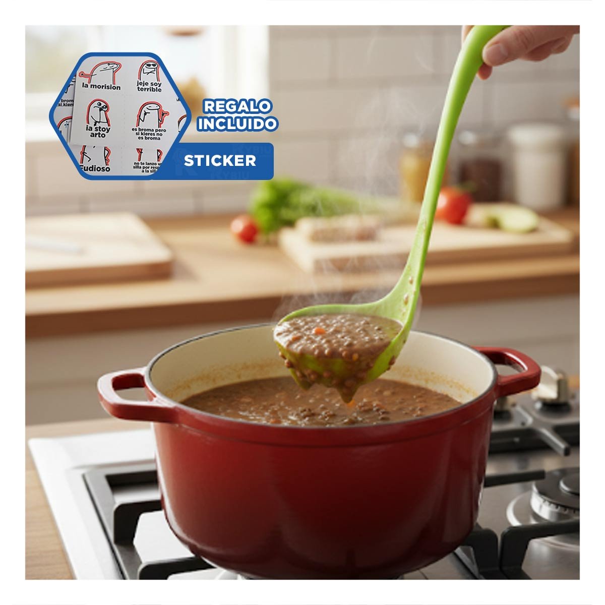 CUCHARA REDONDA DINO VERDE CLARO 9X25CM FUNCIONAL PARA USO EN COCINA HOGAR Y+REGALO STICKER - 1