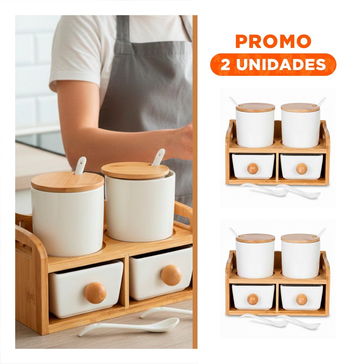 PACK2 SET BLANCO DE 4 RECIPIENTES CON TAPA CUCHARA BASE 32X12CM HOGAR Y COCINA - 1