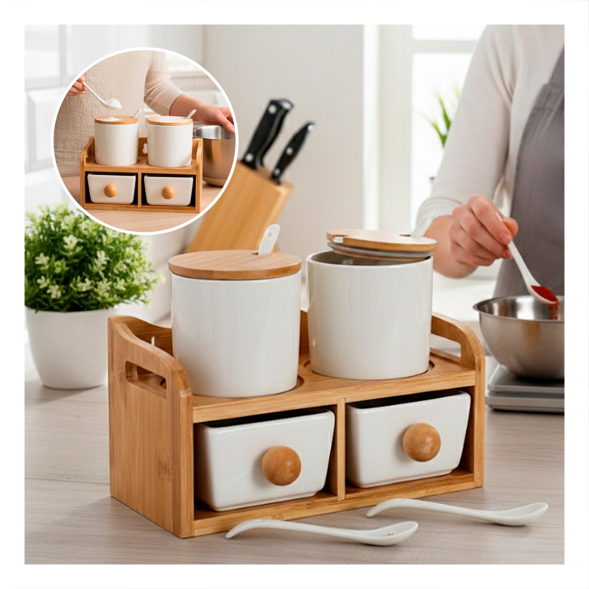 PACK2 SET BLANCO DE 4 RECIPIENTES CON TAPA CUCHARA BASE 32X12CM HOGAR Y COCINA - 5