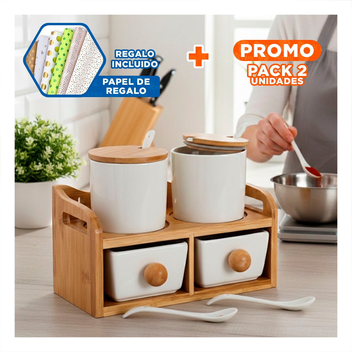 PACK2 SET DE 4 RECIPIENTES BLANCO BASE CUCHARA TAPA 32X12CM PARA ALMACENAJE Y+PAPEL REGALO - 1