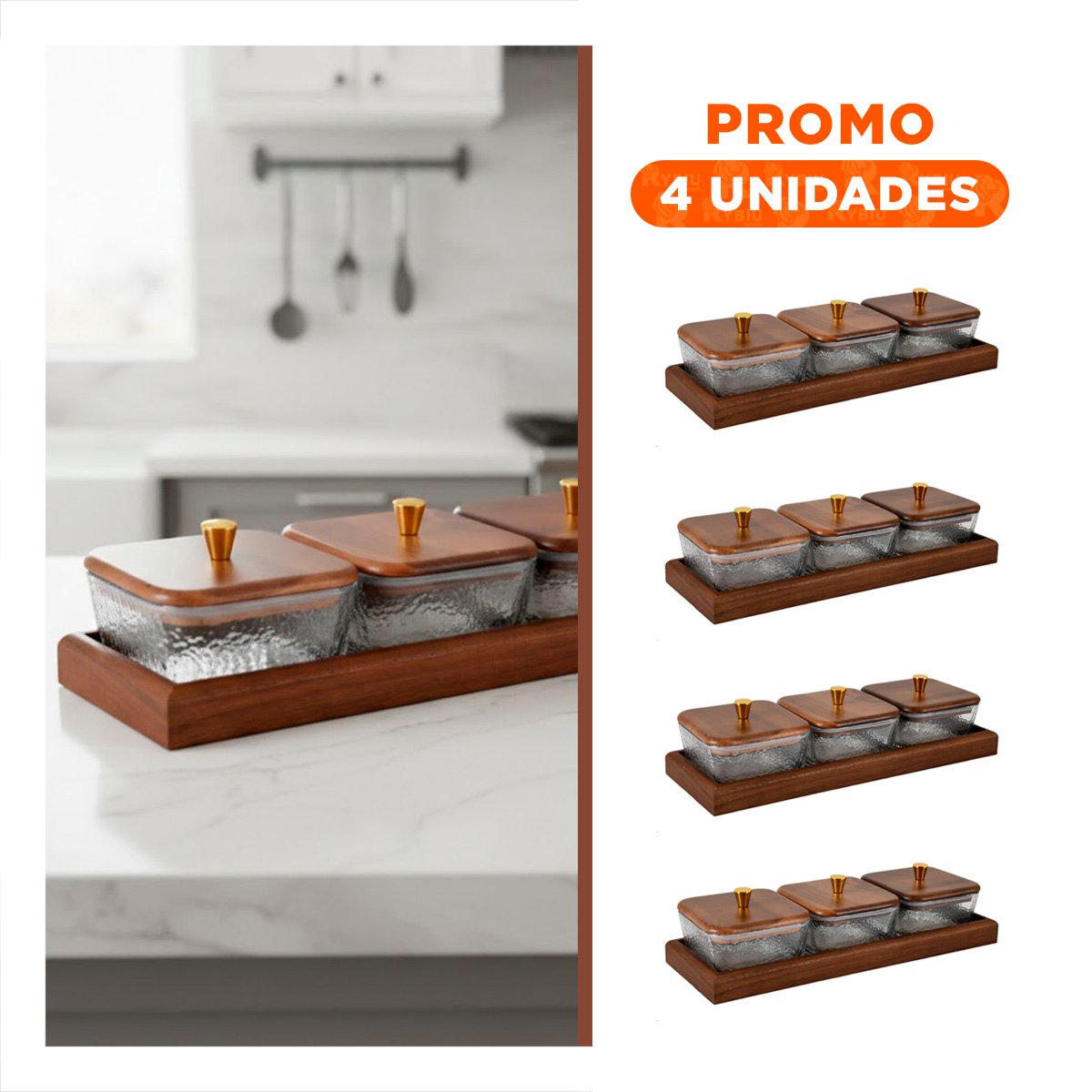 PACK4 SET 3 RECIPIENTES MARRON CON TAPA DE MADERA Y BASE DE 32,5X12CM Y+REGALO STICKER - 1