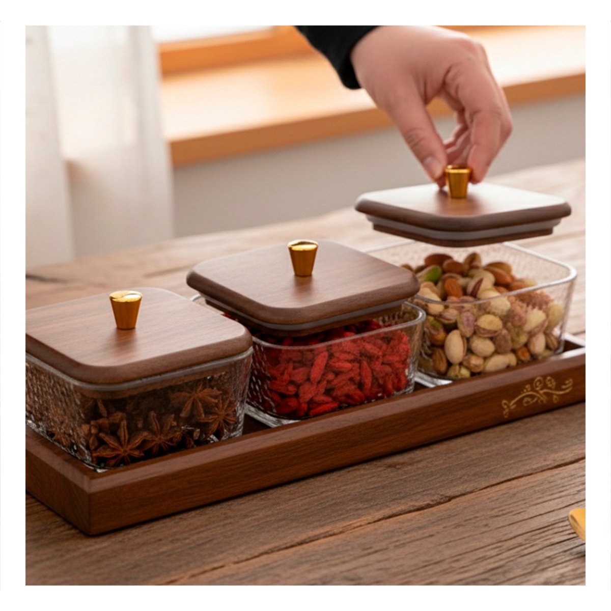 PACK4 SET 3 RECIPIENTES MARRON CON TAPA DE MADERA Y BASE DE 32,5X12CM Y+REGALO STICKER - 5