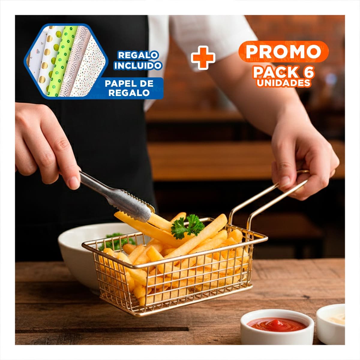 PACK6 REJILLA DORADO RECTANGULAR CON ASA LARGA PARA PREPARACION EN COCINA Y+PAPEL REGALO - 1
