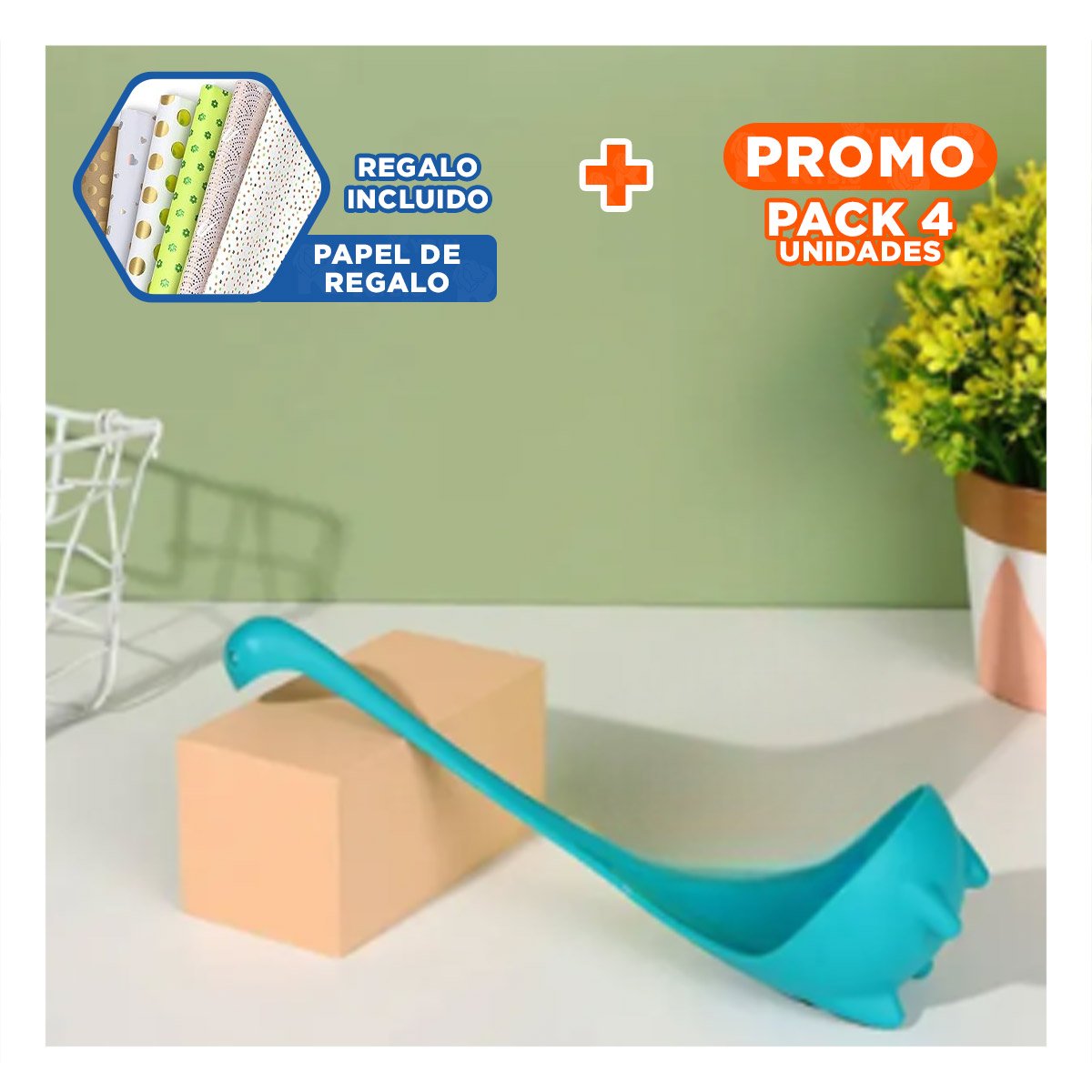 PACK4 UTENSILIO COCINA COMPACTO DINO VERDE AGUA 9X25CM UTENSILIO RESISTENTE Y+PAPEL REGALO - 1