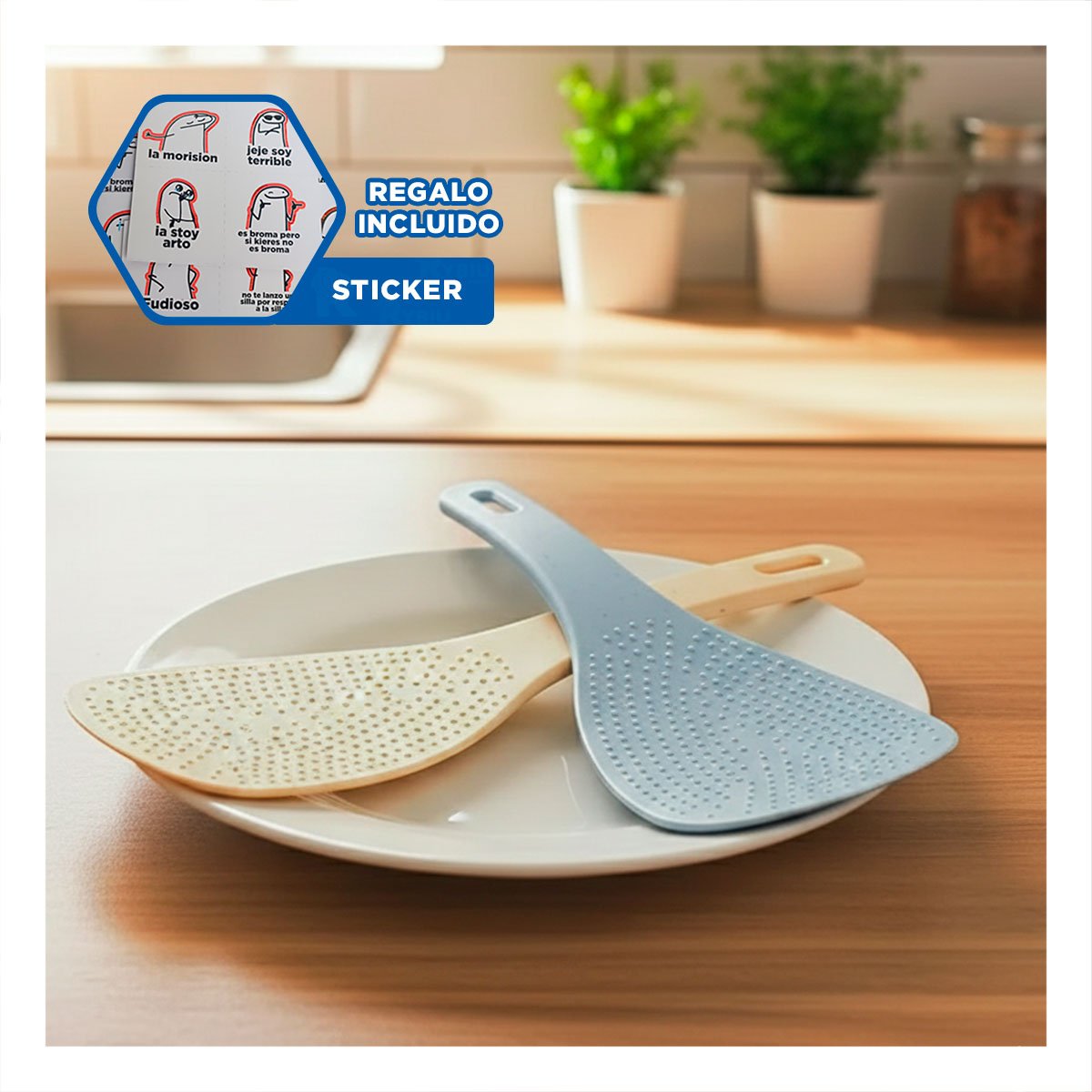 PALETA COCINA CELESTE Y BEIGE PARA ARROZ HOGAR USO DIARIO Y+REGALO STICKER - 1