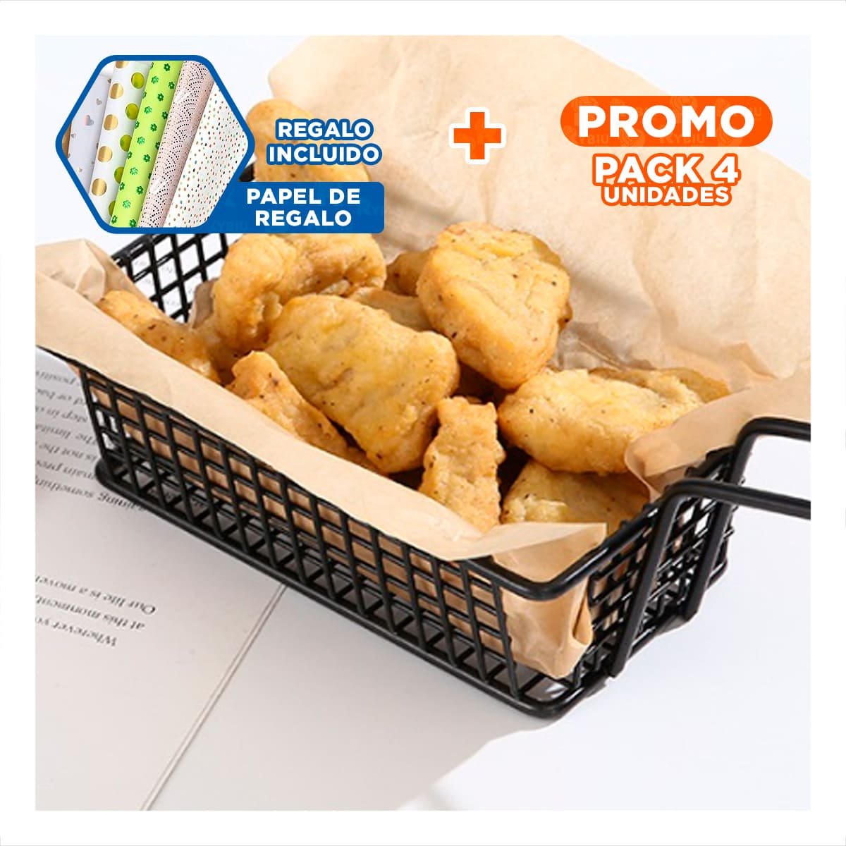 PACK4 CANASTA RECTANGULAR NEGRO CON ASA LARGA PARA MANEJO SEGURO EN COCINA Y+PAPEL REGALO - 1