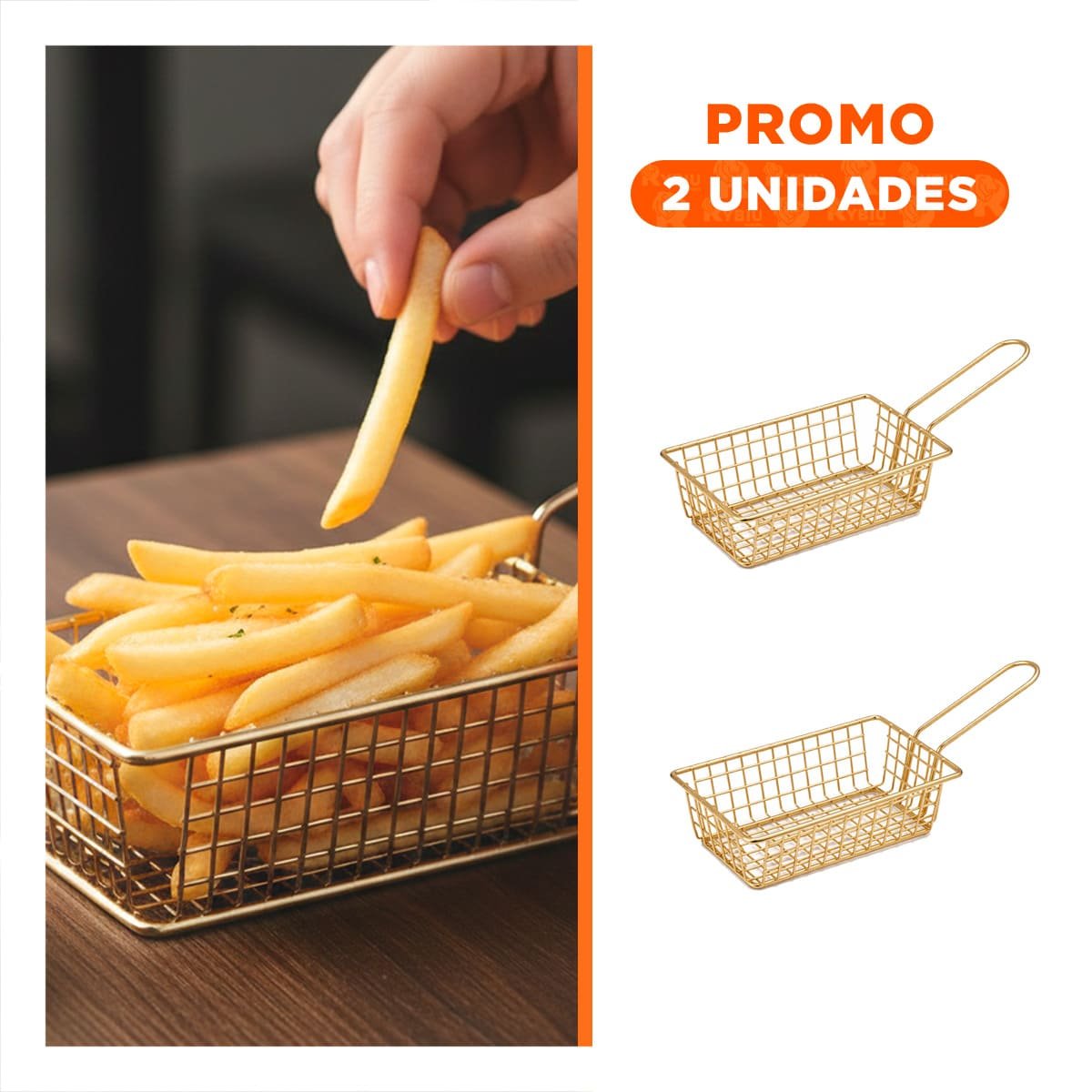 PACK2 CANASTA PARA FREIR RECTANGULAR DORADO CON ASA LARGA PARA COCINA FUNCIONAL - 1