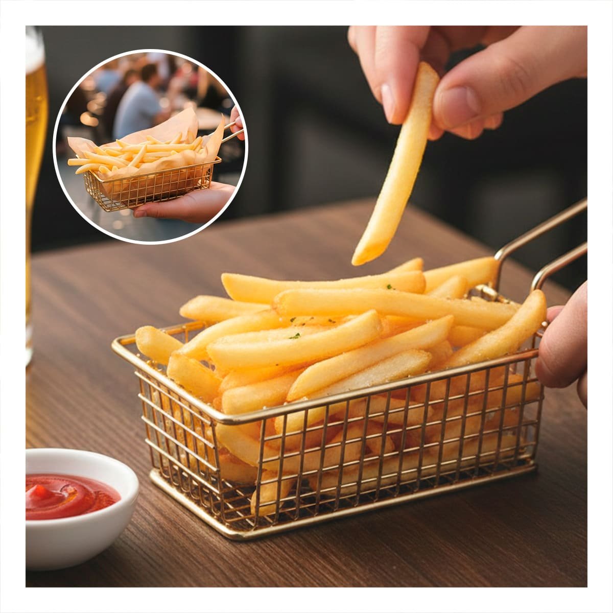 PACK2 CANASTA PARA FREIR RECTANGULAR DORADO CON ASA LARGA PARA COCINA FUNCIONAL - 5