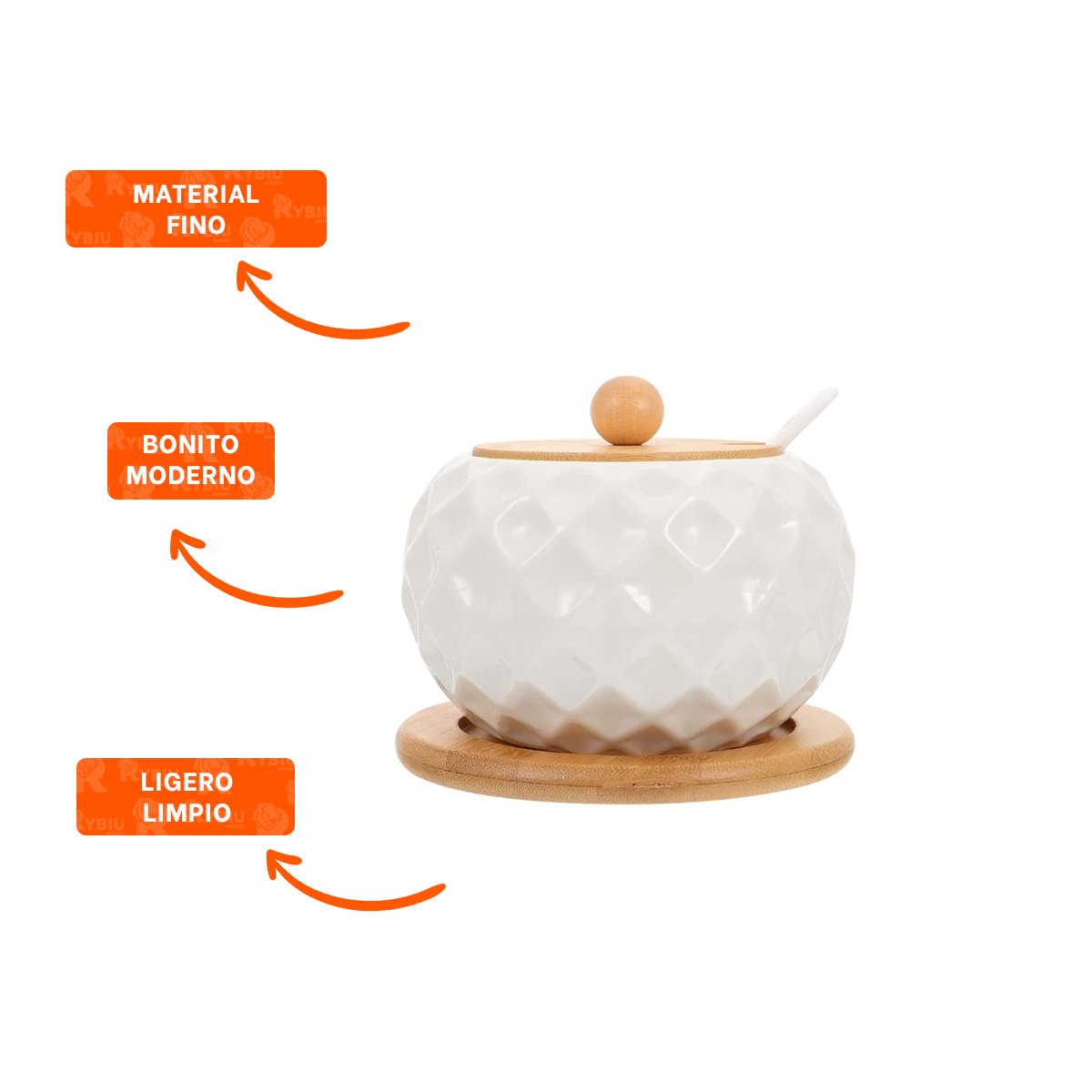 CONTENEDOR CIRCULAR 500ML DE COLOR BLANCO CON TAPA DE BAMBU CUCHARA Y BASE - 3