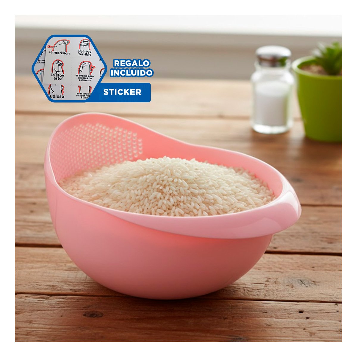 CESTA COLADORA DE ARROZ ROSADO 22,5X11CM PARA COCINA CASA BLANCA Y+REGALO STICKER - 1