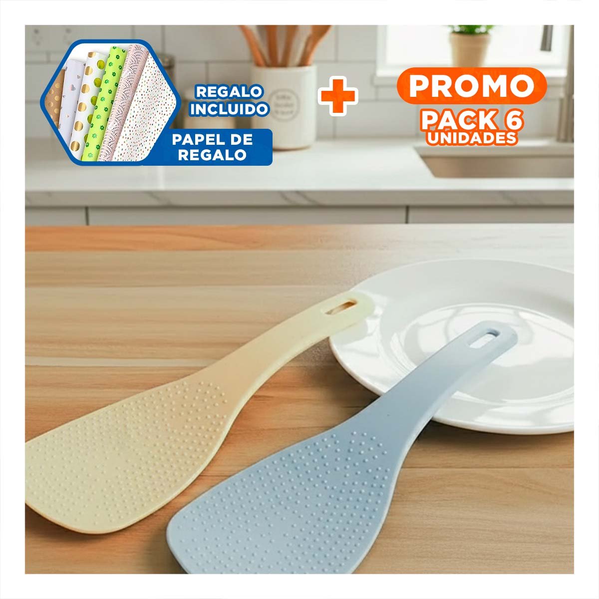 PACK6 RASERA COCINA CELESTE Y BEIGE PARA ARROZ HOGAR USO DIARIO Y+PAPEL REGALO - 1