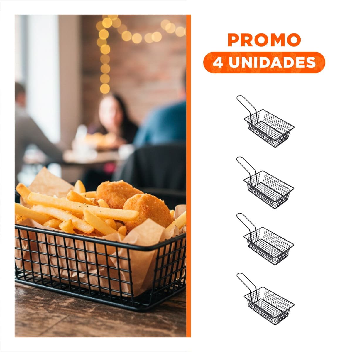PACK4 BANDEJA RECTANGULAR PARA FREIR NEGRO CON ASA LARGA EN COCINA COMERCIAL Y+REGALO STICKER - 1