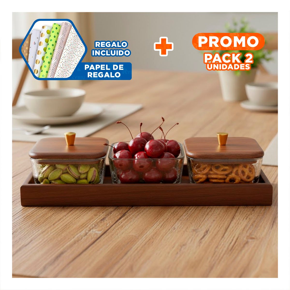 PACK2 PACK RECIPIENTES MARRON DE 3 UNIDADES CON TAPA DE MADERA Y BASE 32,5X12CM Y+PAPEL REGALO - 1