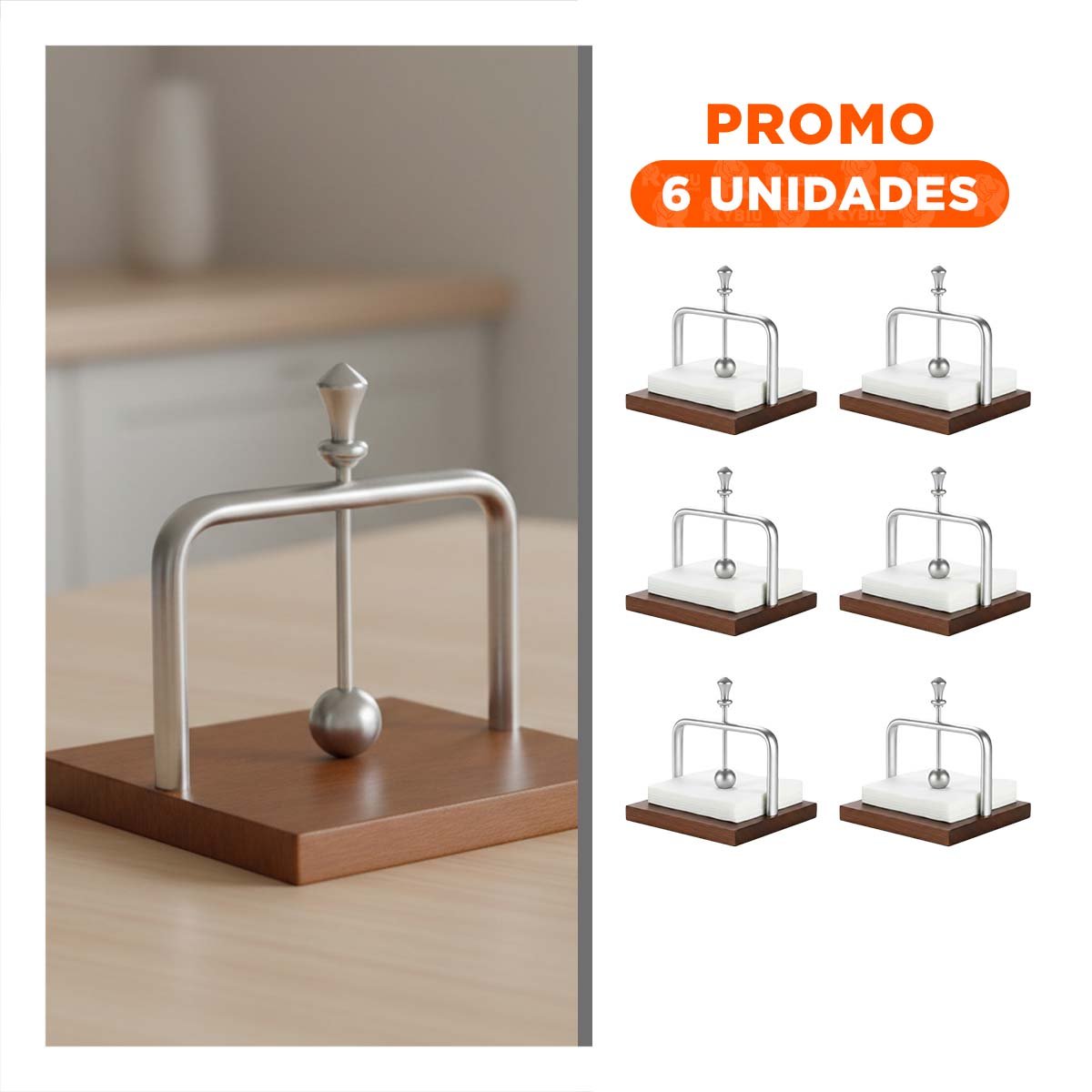 PACK6 SERVILLETERO DE MESA DE COLOR PLATEADO VERTICAL CON BASE MADERA Y BRAZO DISPENSADOR - 1