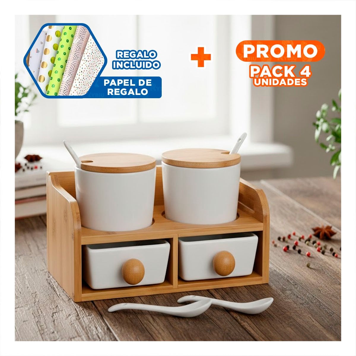 PACK4 CONJUNTO BLANCO DE 4 RECIPIENTES TAPA BASE CUCHARA 32X12CM ALMACENAJE Y+PAPEL REGALO - 1