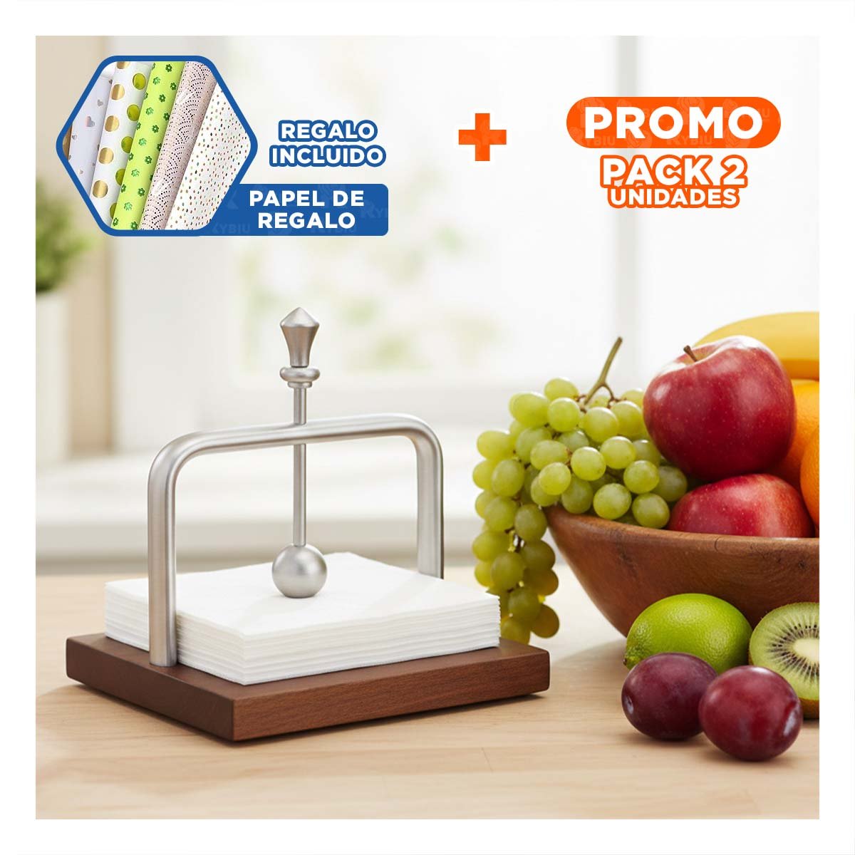 PACK2 SERVILLETERO VERTICAL DE COLOR PLATEADO BASE MADERA CON BRAZO PRACTICO Y+PAPEL REGALO - 1