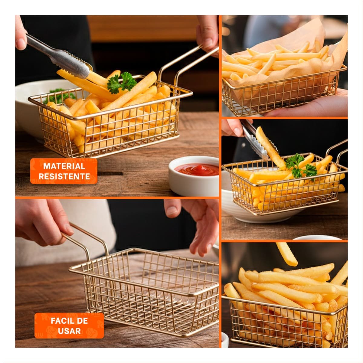 CESTA DORADO RECTANGULAR CON ASA LARGA PARA PREPARACION EN COCINA - 5