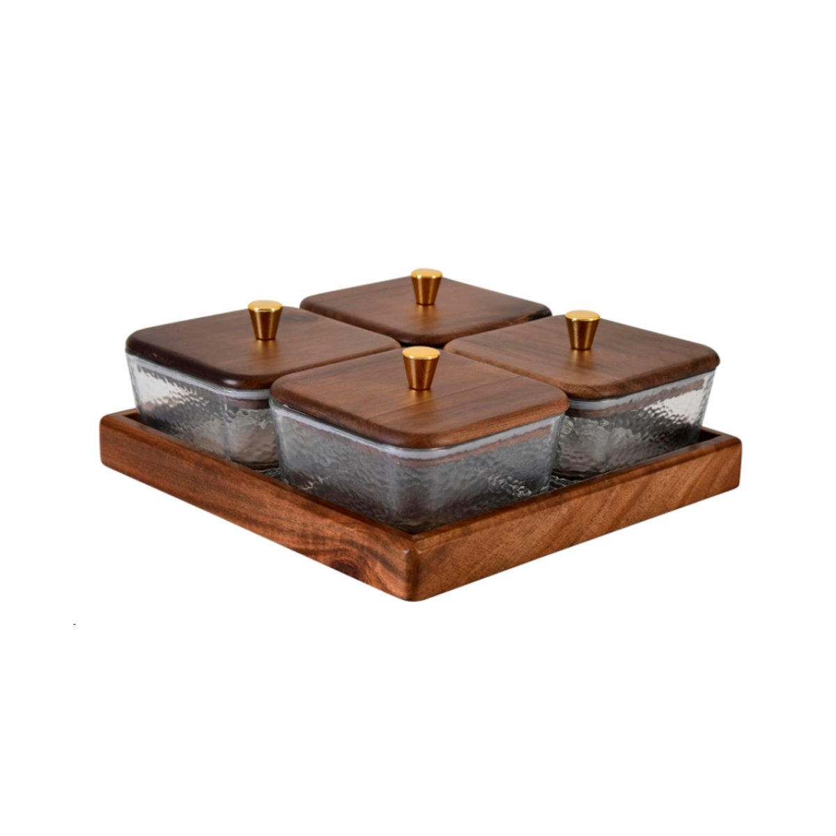 PACK MARRON DE 4 RECIPIENTES CON TAPA BASE MADERA CUADRADOS USO DIARIO HOGAR Y+PAPEL REGALO - 1