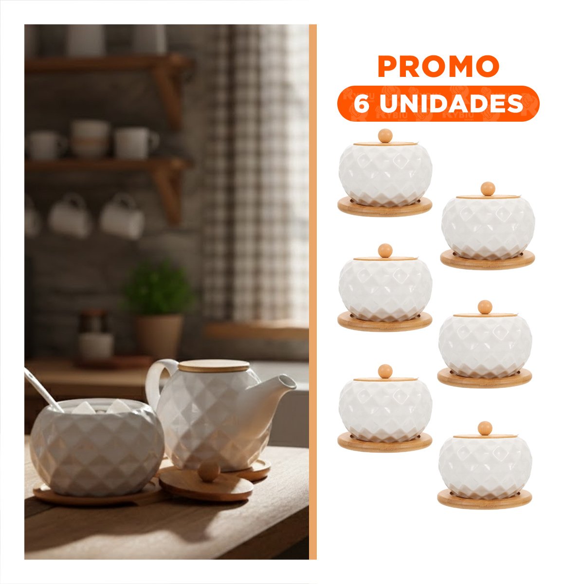 PACK6 ENVASE DE COLOR BLANCO CIRCULAR 500ML CON TAPA BAMBU CUCHARA Y BASE - 1