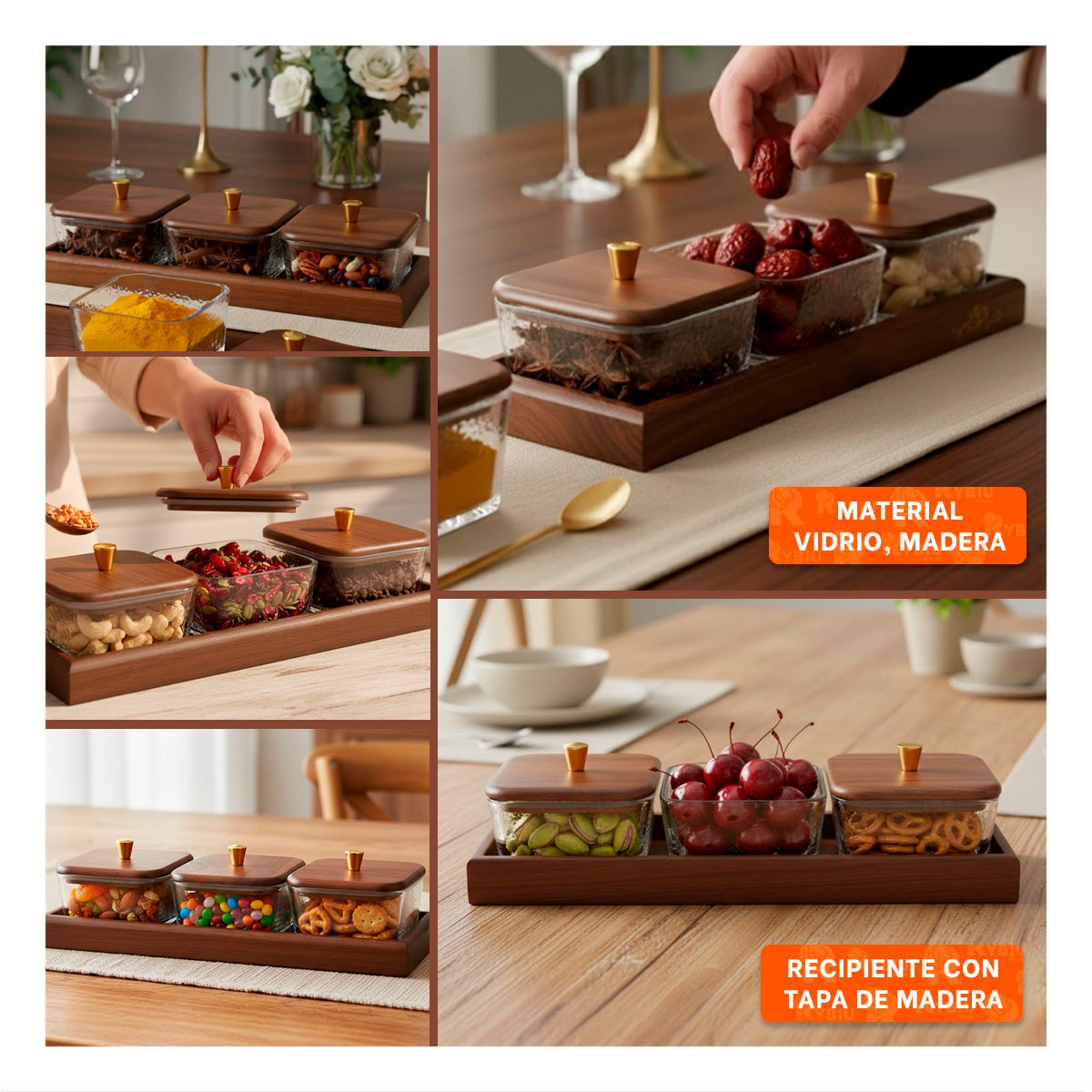 CONJUNTO RECIPIENTES DE 3 UNIDADES CUADRADOS CON BASE Y TAPA DE MADERA 32,5X12CM Y+LIGAS REGALO - 5