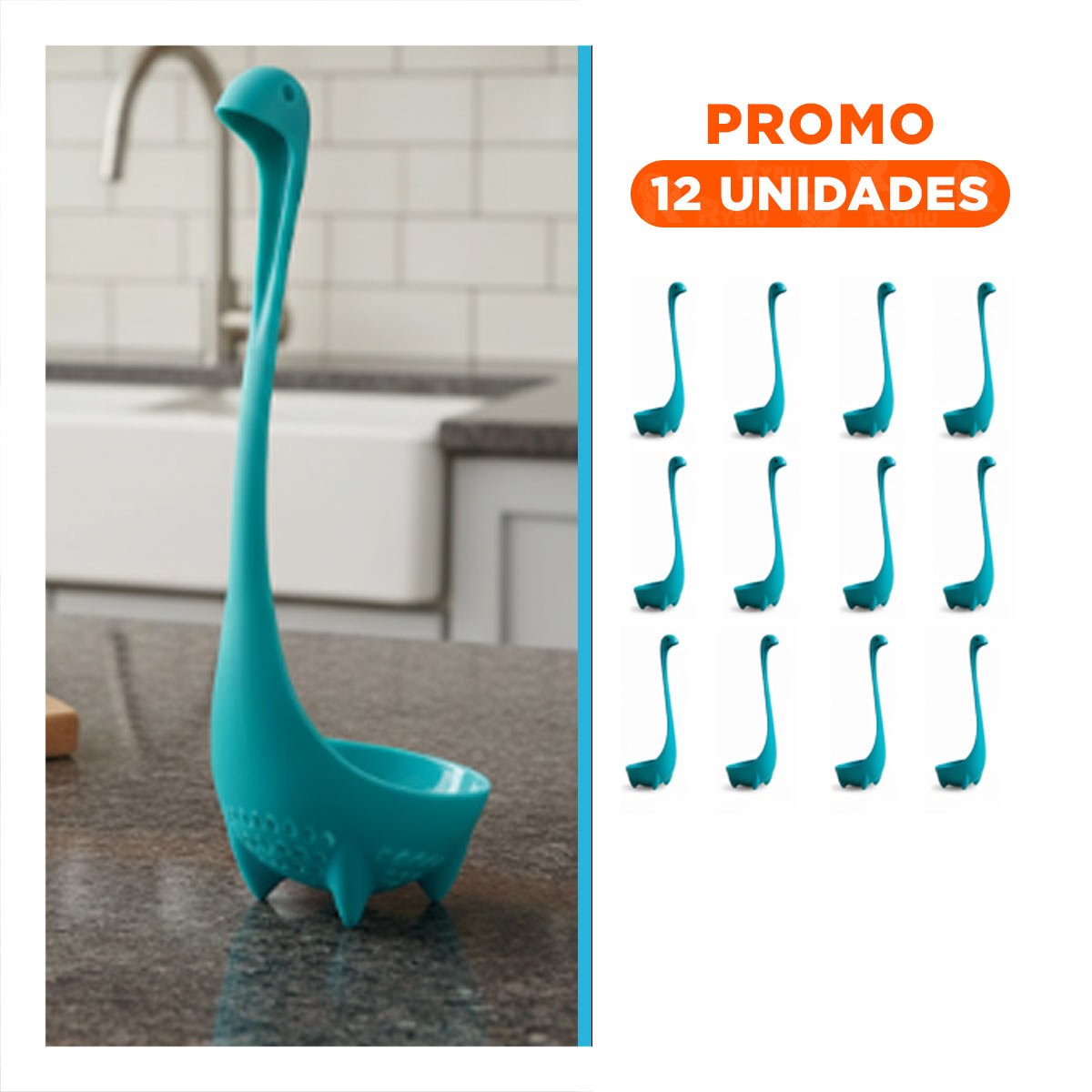 PACK12 CUCHARON COCINA LIGERO DINO VERDE AGUA 9X25CM UTENSILIO FACIL Y+REGALO STICKER - 1