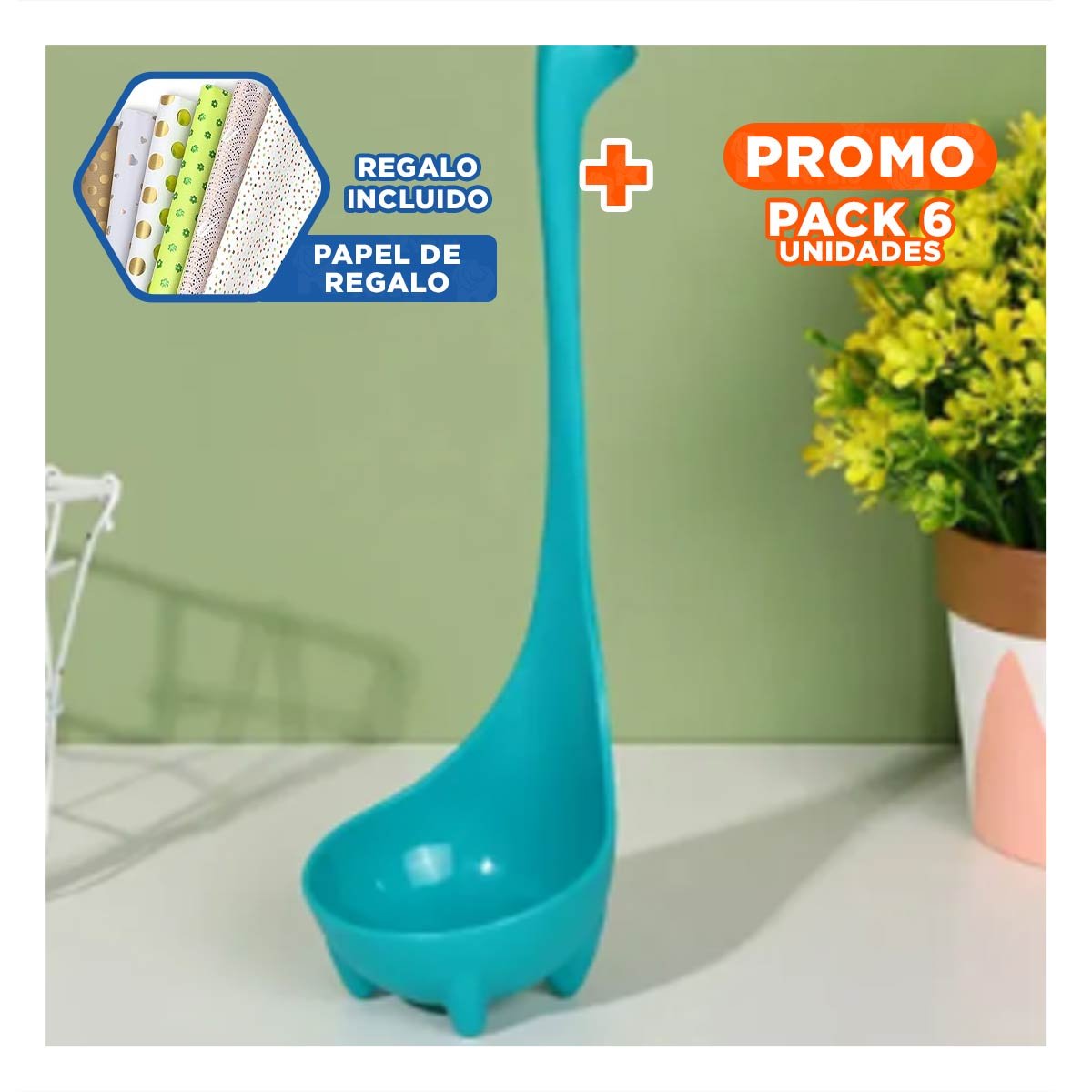 PACK6 UTENSILIO COCINA DINO VERDE AGUA 9X25CM UTENSILIO MULTIFUNCIONAL Y+PAPEL REGALO - 1