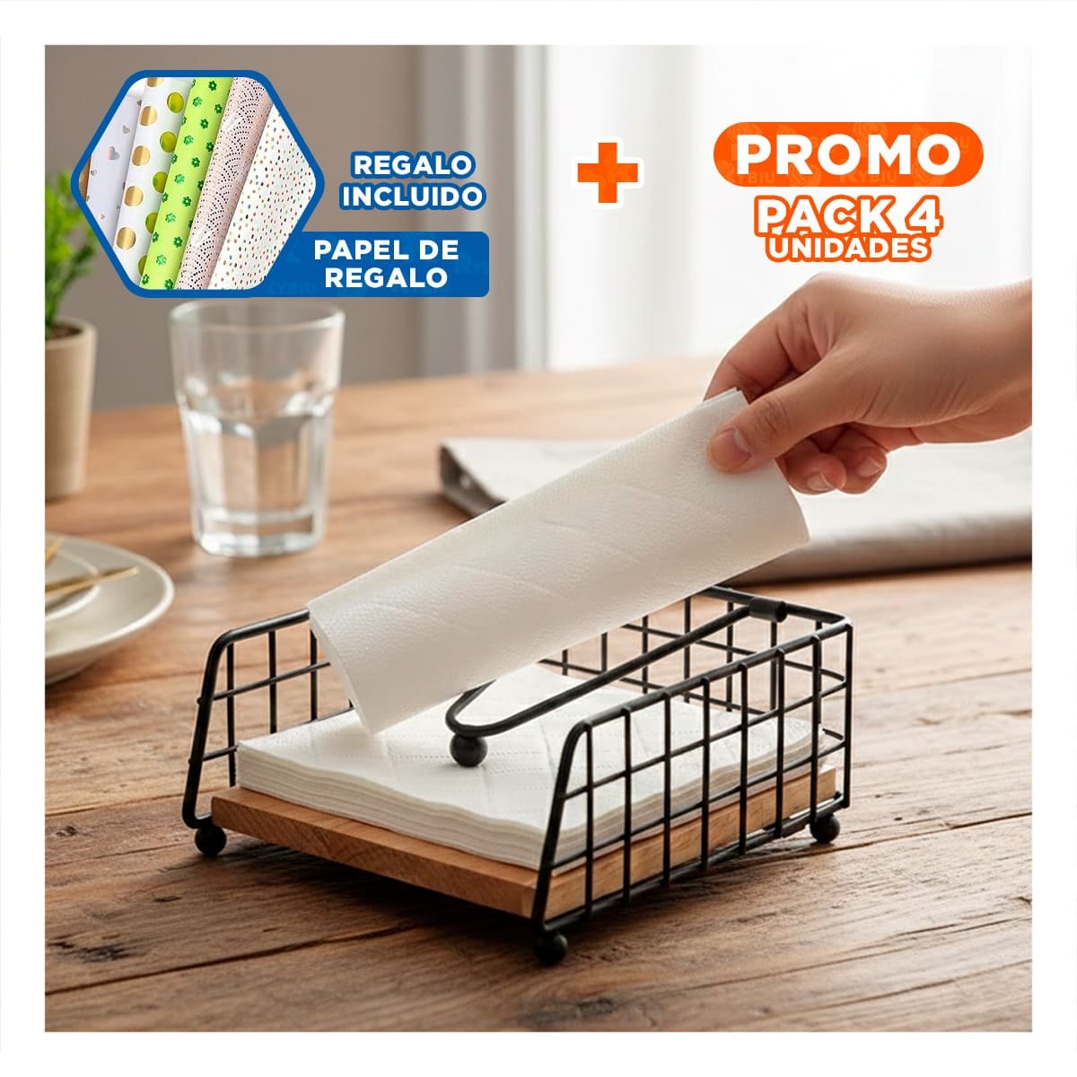 PACK4 ORGANIZADOR BORDE CUADRADO DE COLOR DORADO CON BASE MADERA Y BRAZO Y+PAPEL REGALO - 1