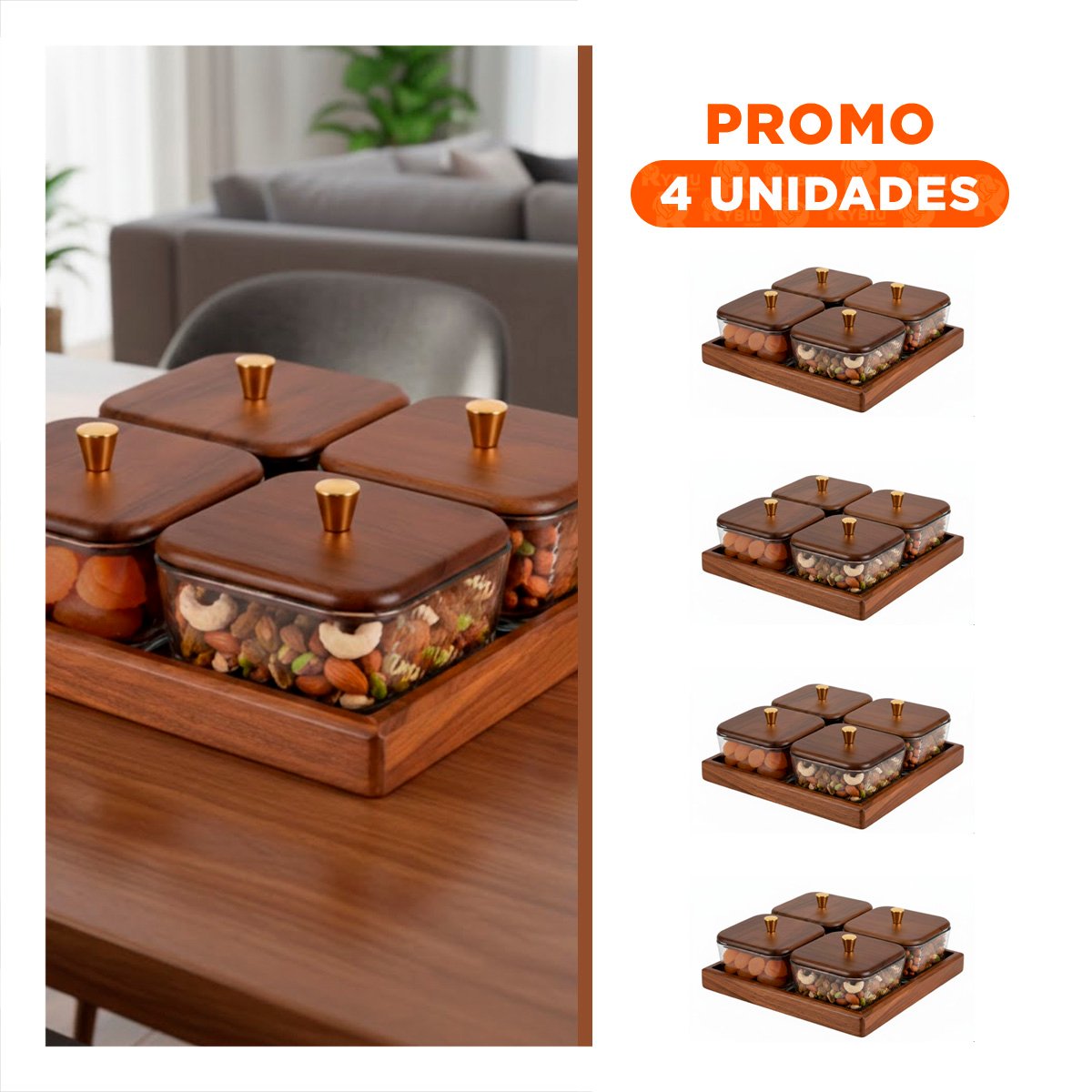 PACK4 CONJUNTO DE 4 RECIPIENTES MARRON BASE TAPA MADERA CUADRADOS ALMACENAJE Y+REGALO STICKER - 1