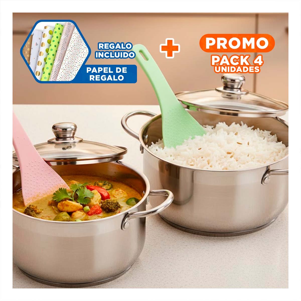 PACK4 ESPATULA HOGAR ROSADO Y VERDE CLARO PARA ARROZ COCINA DISENO MODERNO Y+PAPEL REGALO - 1