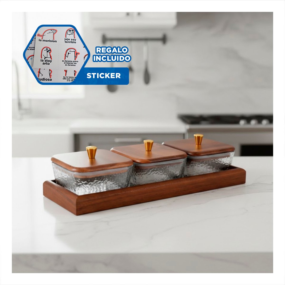 CONJUNTO 3 RECIPIENTES MARRON CUADRADOS CON 32,5X12CM BASE Y TAPA DE MADERA Y+REGALO STICKER - 1