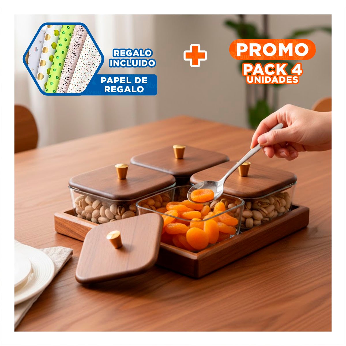 PACK4 CONJUNTO MARRON DE 4 RECIPIENTES TAPA BASE MADERA CUADRADOS COCINA Y+PAPEL REGALO - 1