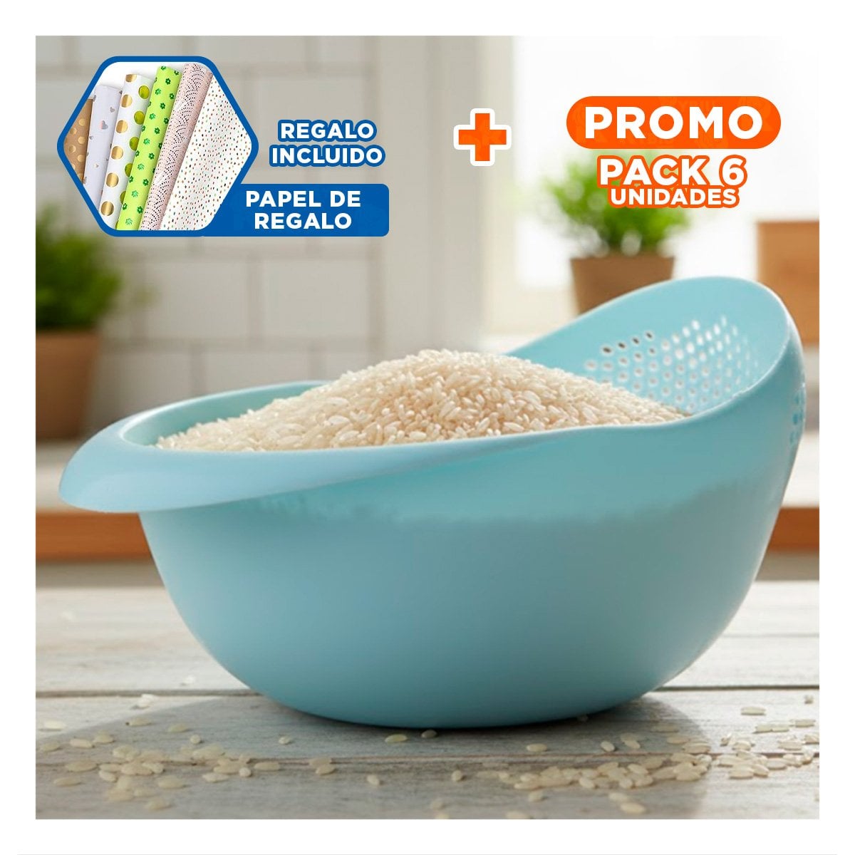 PACK6 PLATON COLADOR DE ARROZ CELESTE 22,5X11CM PARA COCINA CASA LED Y+PAPEL REGALO - 1