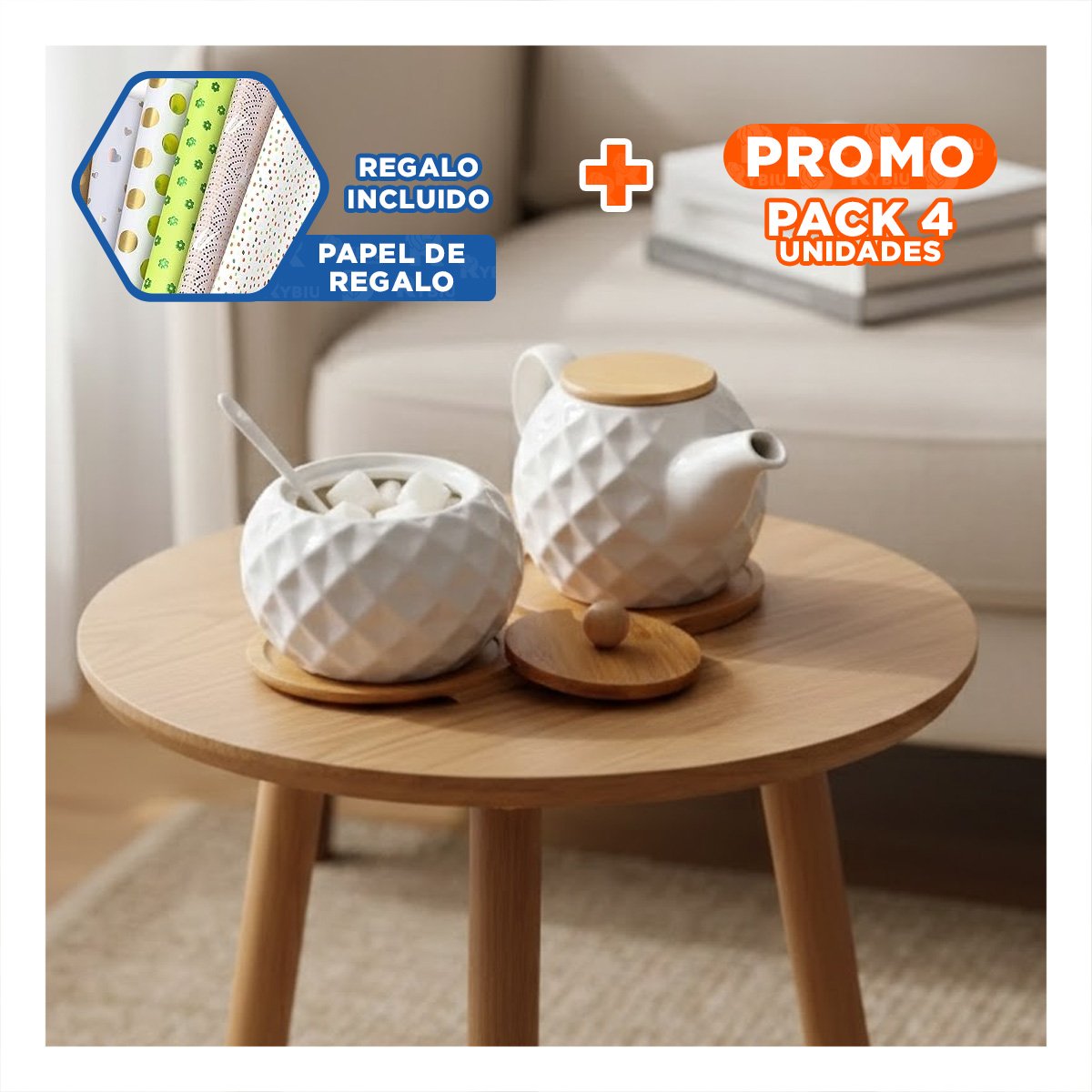 PACK4 RECIPIENTE 500ML CIRCULAR DE COLOR BLANCO CON TAPA BAMBU CUCHARA Y+PAPEL REGALO - 1