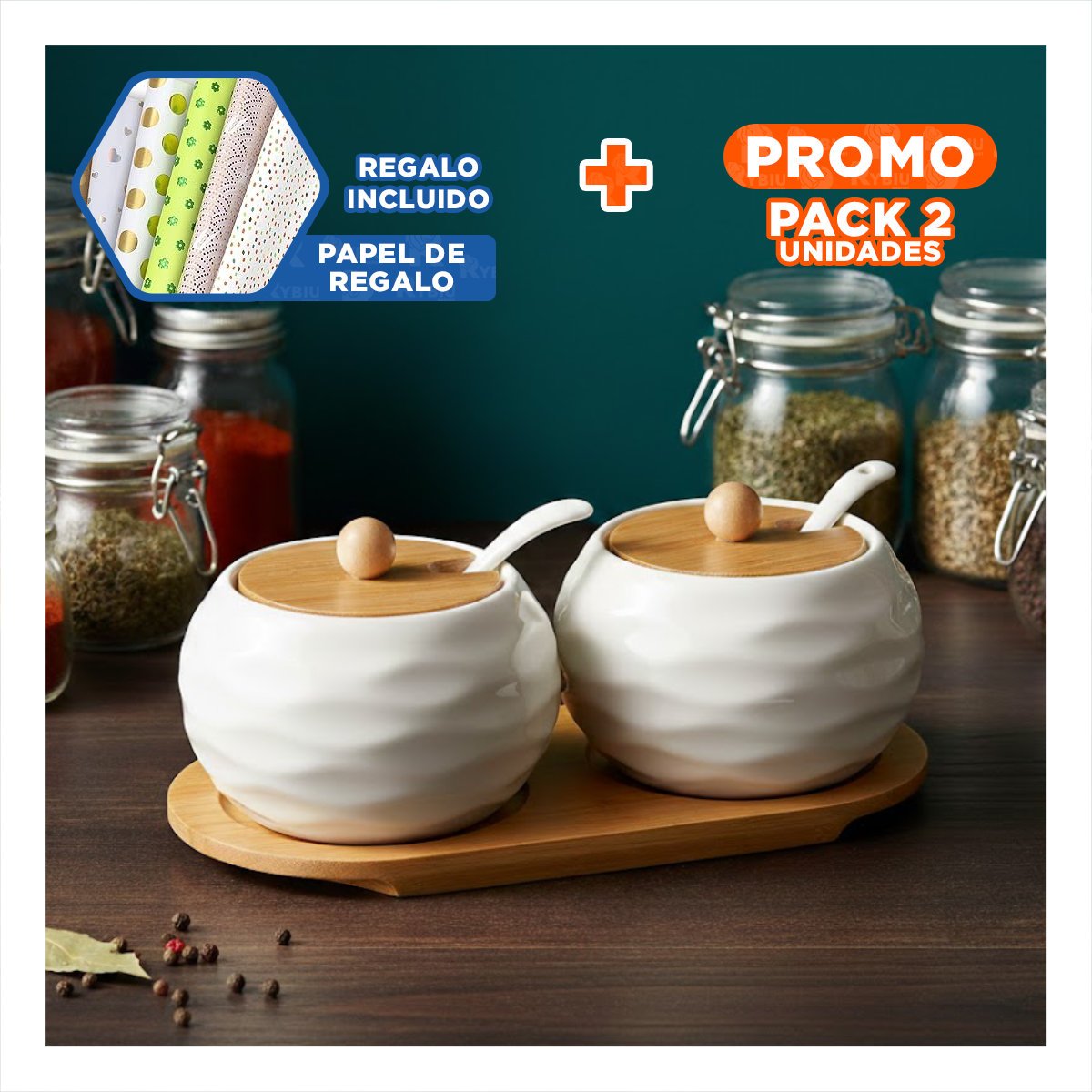 PACK2 COMBO DE 2 RECIPIENTES BLANCO TAPA BAMBU 19,9CM USO DIARIO Y ALMACENAJE Y+PAPEL REGALO - 1