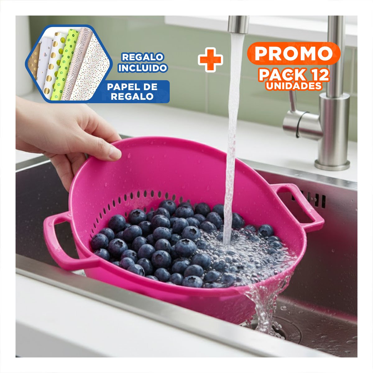 PACK12 SOPORTE ESCURRIDOR ROSADO PARA ARROZ CON ASAS 22,5X26,5CM LIGERO Y+PAPEL REGALO - 1