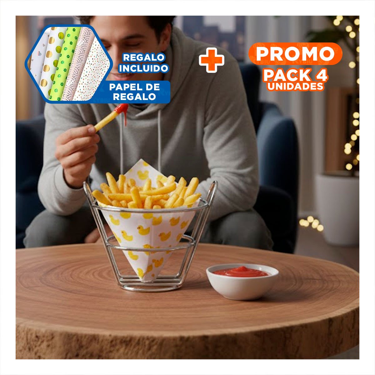 PACK4 CANASTA EN FORMA DE CONO EN COLOR PLATEADO PARA MANEJO SEGURO EN COCINA Y+PAPEL REGALO - 1