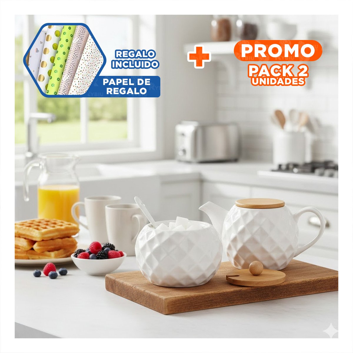 PACK2 RECIPIENTE CIRCULAR 500ML CON TAPA BAMBU BASE DE COLOR BLANCO Y CUCHARA Y+PAPEL REGALO - 1