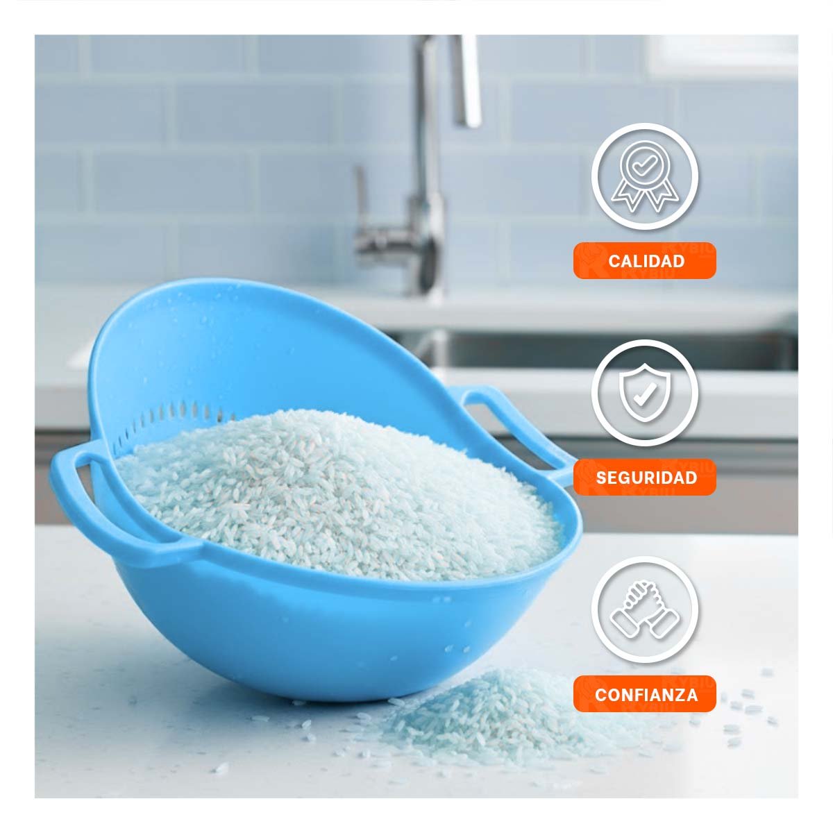 CONTENEDOR ESCURRIDOR CELESTE CON ASAS PARA ARROZ 22,5X26,5CM COCINA Y+LIGAS REGALO - 2