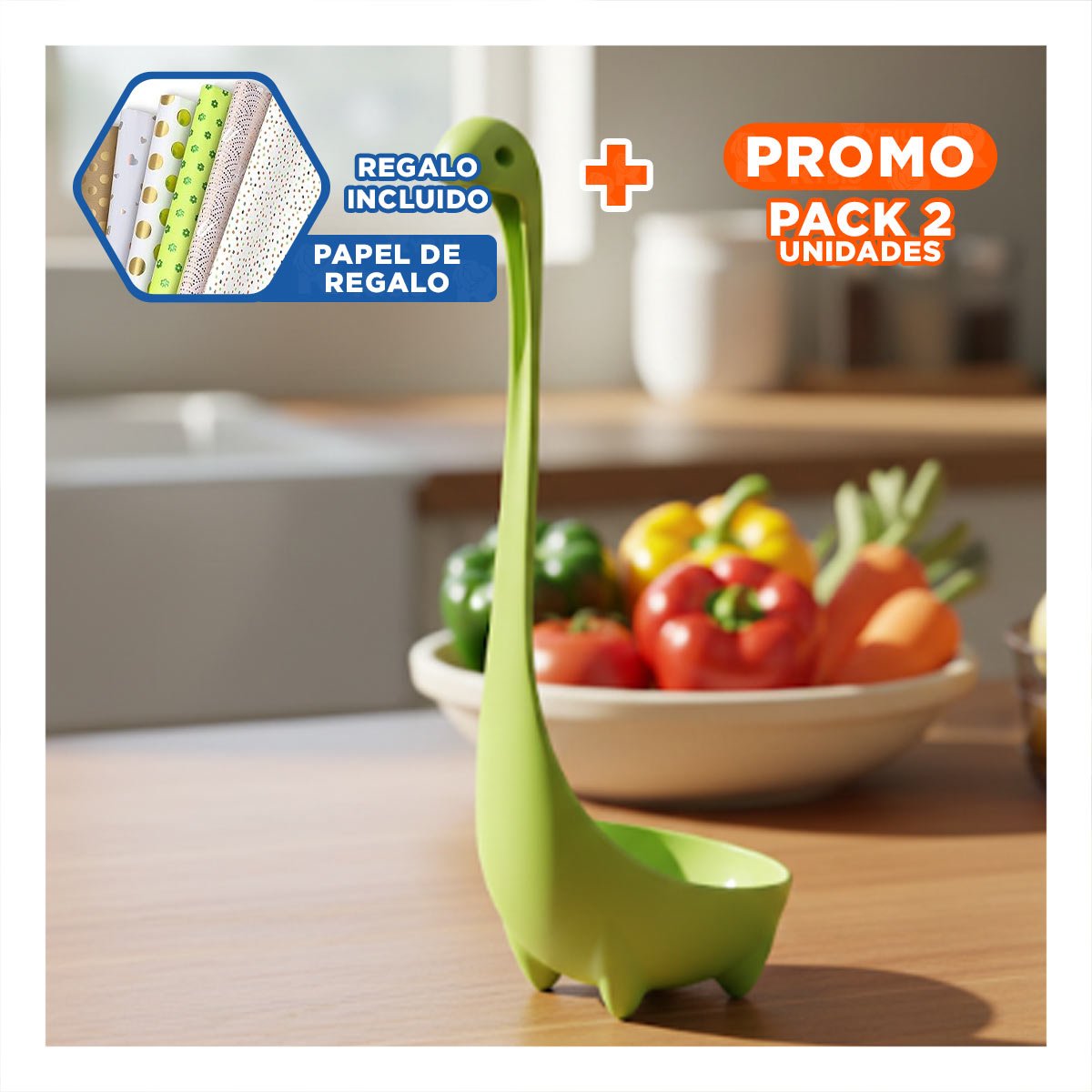PACK2 ACCESORIO OVALADO DINO VERDE CLARO 9X25CM PRACTICO PARA COCINA HOGAR Y+PAPEL REGALO - 1