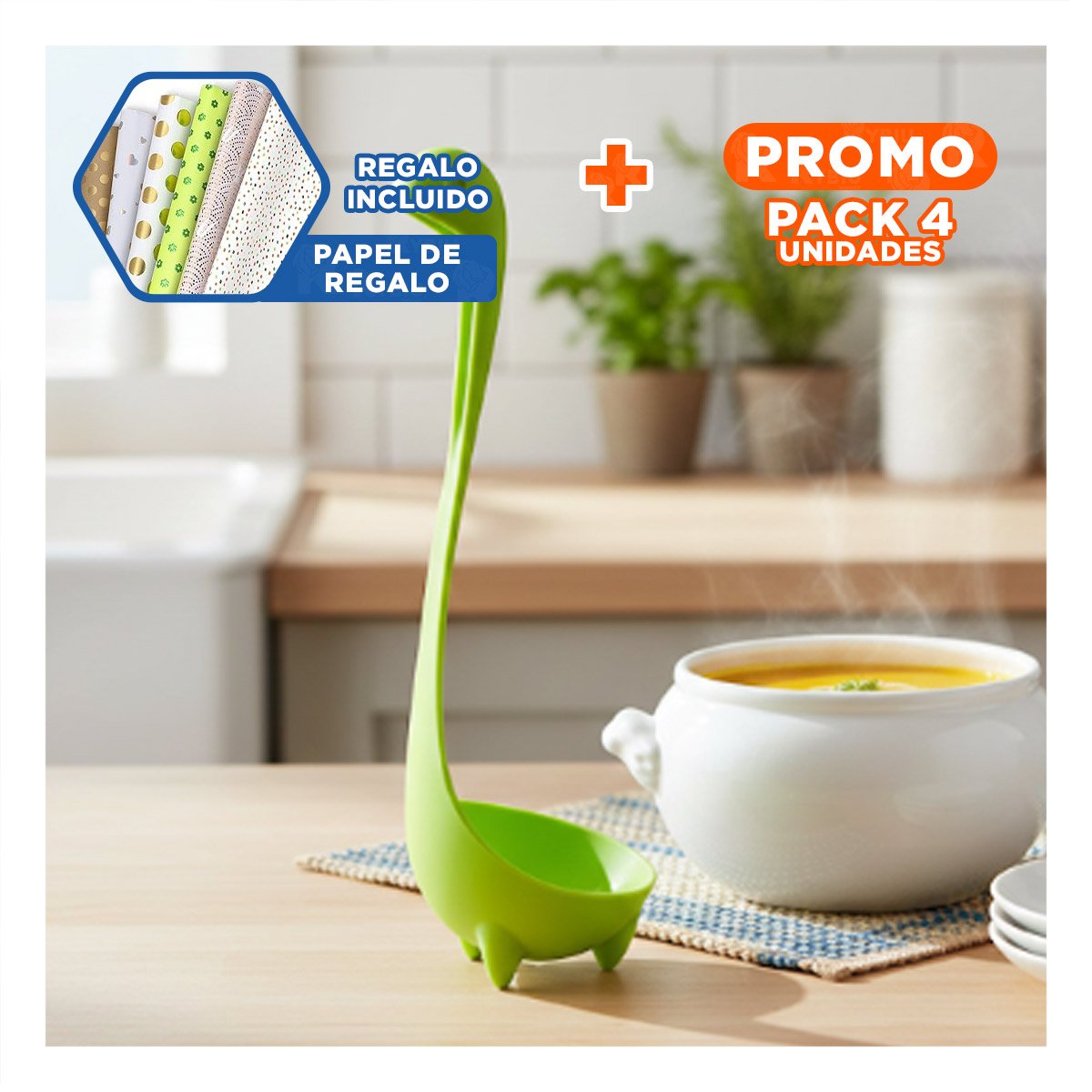 PACK4 UTENSILIO COCINA COMPACTO DINO VERDE CLARO 9X25CM UTENSILIO RESISTENTE Y+PAPEL REGALO - 1